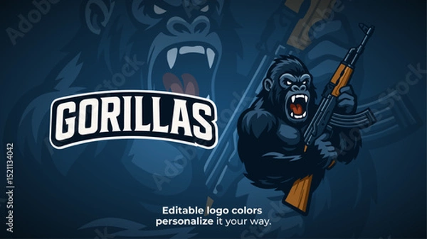 Obraz Armed Gorilla Mascot Logo with Assault Rifle – Esports Shooter Game Vector Character
