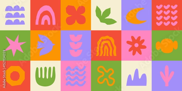 Fototapeta Abstract Geometric background with doodle groovy shapes. Childish playful forms. Trendy vector illustration