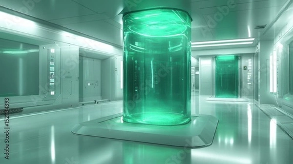 Fototapeta Futuristic laboratory with glowing green tanks, showcasing advanced technology and sterile environment