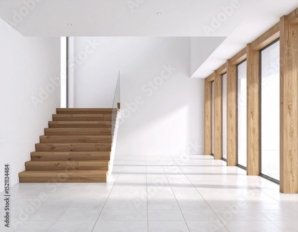 Obraz Empty white interior with wooden stairs and shutters