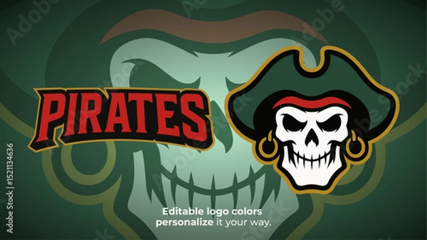 Obraz Green Pirate Skull Mascot Logo with Hat – Gaming or Esports Character Vector
