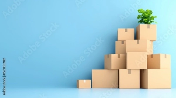 Fototapeta Stack of cardboard boxes with a small plant on top