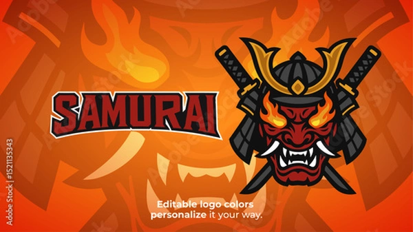 Obraz Flaming Samurai Demon Mask Logo with Dual Swords – Esports or Gaming Mascot Vector
