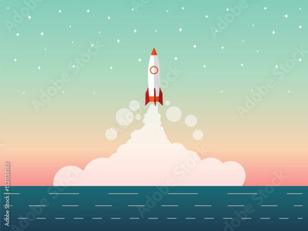 Fototapeta Rocket launch with smoke over ocean and starry sky in colorful background
