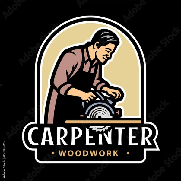 Obraz Carpenter with circular saw logo, emblem on dark background.