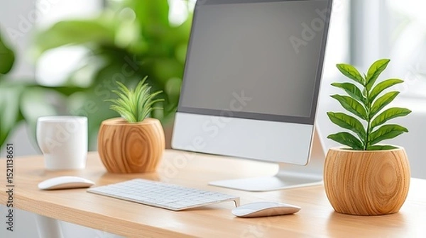 Obraz Clean modern workspace with computer plants and accessories