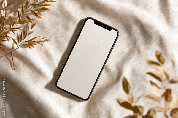 Fototapeta Blank Screen Gold Smartphone Mockup on Beige Linen with Dried Branch - Autumn Flatlay