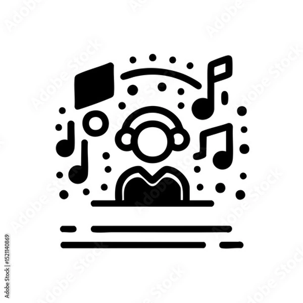 Fototapeta Minimalist monochrome illustration of audio producer with headphones surrounded music representing digital session work