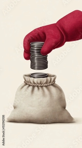 Fototapeta A gloved hand places a stack of coins into a tied cloth money bag against a plain background.