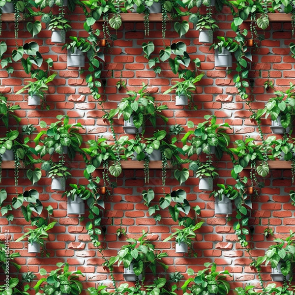 Obraz Green plants in pots hanging on a red brick wall pattern  