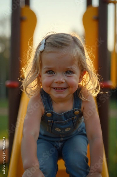 Fototapeta A young child sitting atop a bright yellow slide in a playground setting