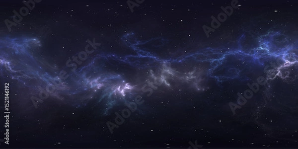 Fototapeta 360 degree space nebula. Giant interstellar cloud with stars, equirectangular projection, environment map. Spherical panorama. 3D rendering, Fractal image