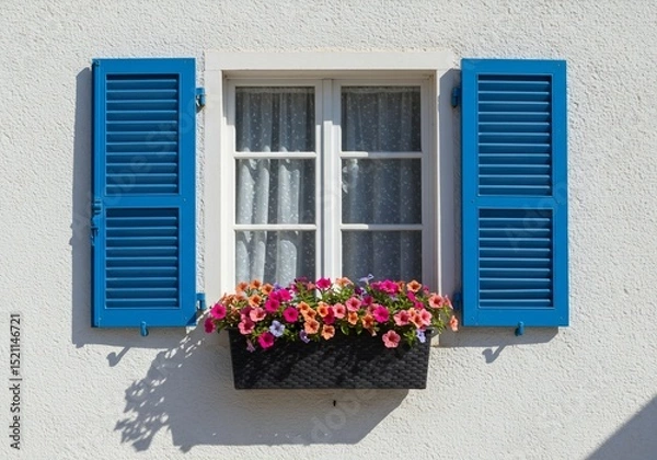 Fototapeta Window with blue shutters and flower box in sunshine on white textured wall