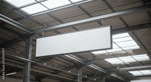 Fototapeta Industrial space with blank signage warehouse interior visual content urban setting wide angle view branding opportunity