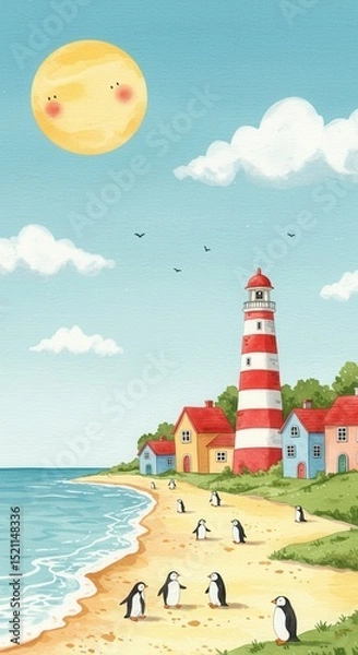 Fototapeta Cartoon illustration of beach with lighthouse, penguins, and smiling sun