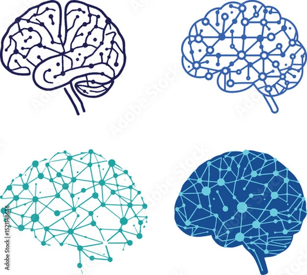 Fototapeta Brain Symbol Set Featuring Four Unique Designs: A Classic Bold Outline with Internal Structures, A Network of Interconnected Nodes, A Lighter Blue Version with Intricate Patterns, and A Dense Neural 