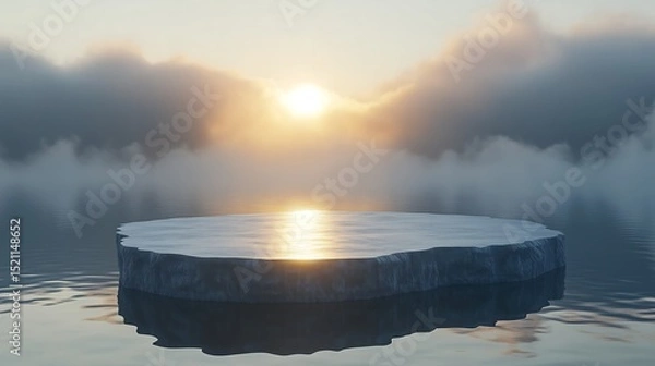 Fototapeta Floating Minimalist Podium on Reflective Water Surface with Surreal Tranquil Background