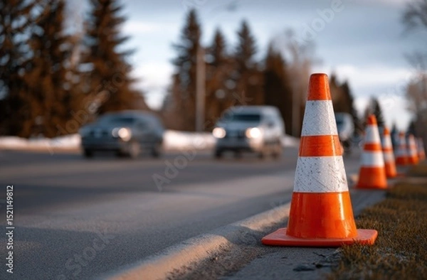 Fototapeta Traffic cones on roadside with blurred cars