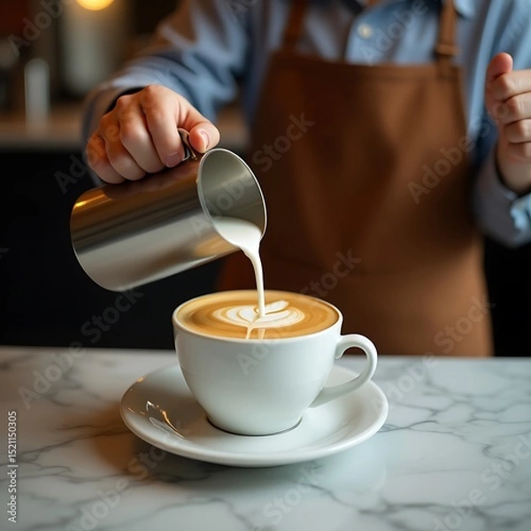 Fototapeta Pouring Milk Into Coffee Creating Latte Art Design