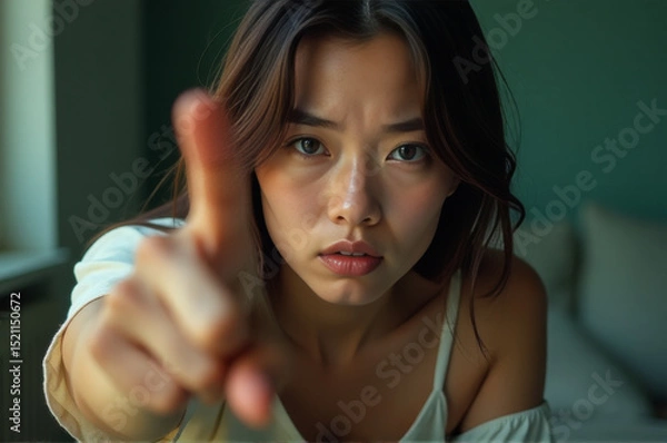 Fototapeta A woman pointing her finger directly at the camera, with a serious expression