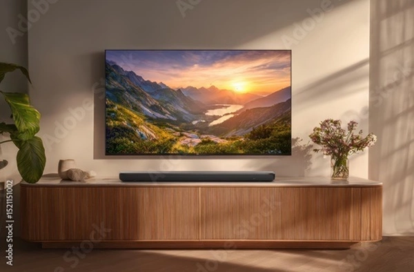 Fototapeta TV with sunset nature scene on display