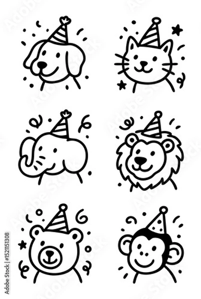 Obraz Party Animals: Collection of Party Hat Wearing Doodles