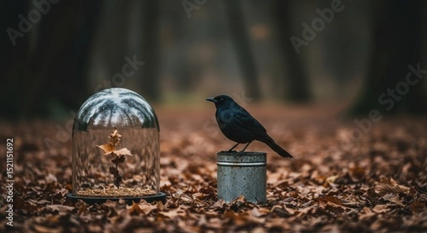 Fototapeta Blackbird and autumn leaves in glass dome