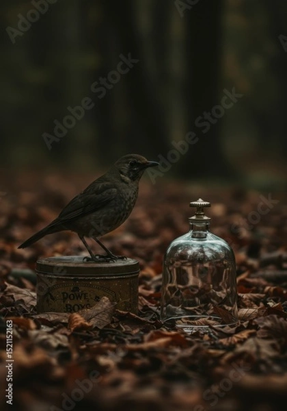 Fototapeta Song thrush bird with vintage box and glass bell on fallen leaves in forest