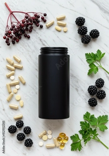 Fototapeta Black jar surrounded by assorted supplements and fresh berries