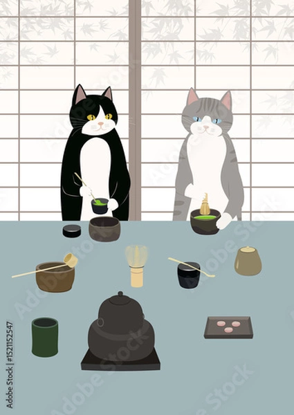 Obraz 茶の湯　抹茶を点てる猫