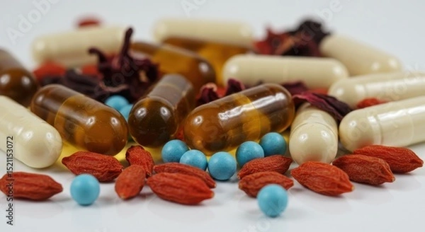 Fototapeta Assorted supplements, capsules, berries and granules on white background