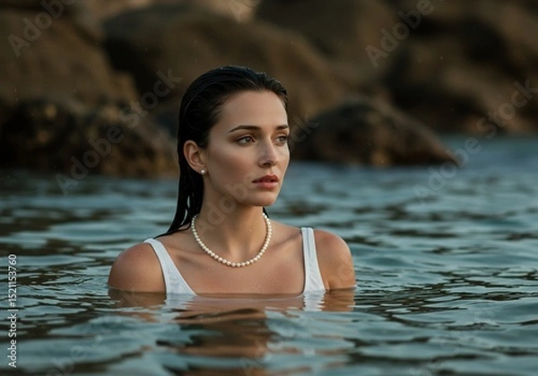Fototapeta Woman bathing in sea with rocks in background, portrait for wellness content