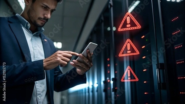 Fototapeta Corporate man handling emergency alert notification on mobile phone, concept of warning message, cyber threat monitoring, digital security breach, urgent system error, and risk management