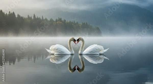 Fototapeta Two swans forming heart shape on misty lake