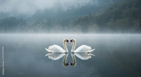 Fototapeta Two swans on a misty lake forming a heart shape