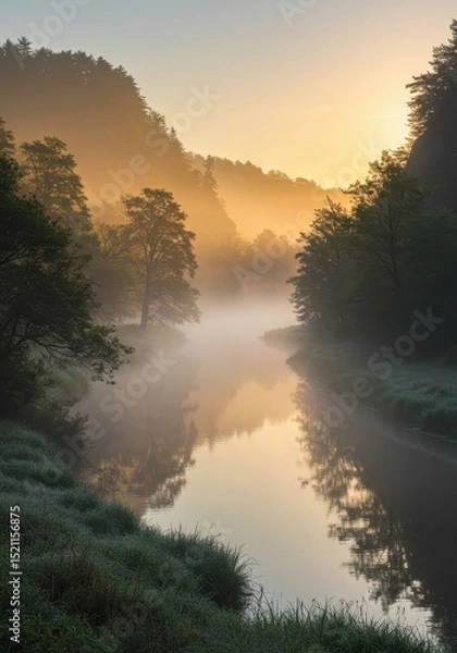Fototapeta River in foggy landscape at dawn