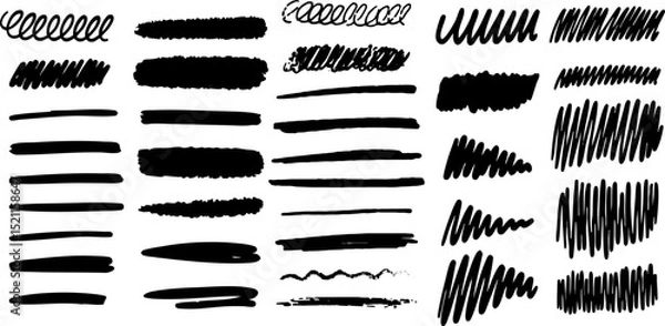 Fototapeta Hand-drawn scribbles and brush lines in black marker with different stroke styles on transparent background. Vector EPS 10