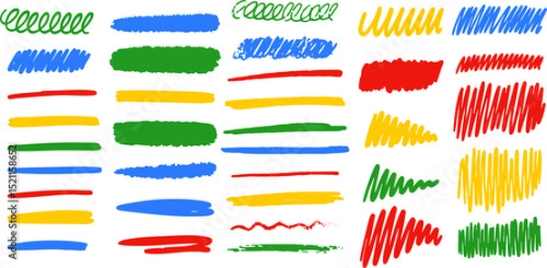 Fototapeta Hand-drawn colorful strokes, scribbles and lines made with markers in red, yellow, green and blue, isolated on transparent background. Vector EPS 10