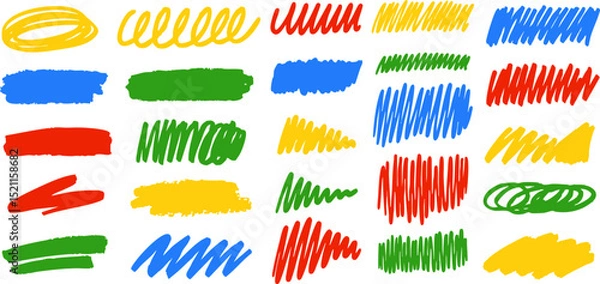 Fototapeta Set of playful crayon scribbles and colorful marker doodles in red, blue, green and yellow for creative and fun design use. Vector EPS 10