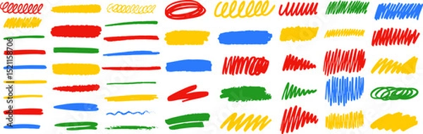 Fototapeta Bright multicolored scribbles, brush strokes, and sketchy shapes made with markers, ideal for playful, fun, and creative designs. Vector EPS 10