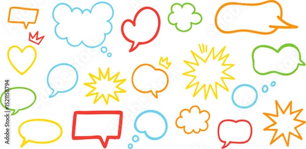 Fototapeta Set of colorful outline speech bubbles, hearts, stars, and clouds in sketch style, great for comics, social media, and playful design. Vector EPS 10