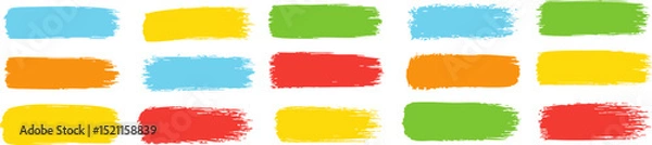 Fototapeta Collection of flat colorful brush strokes in blue, yellow, green, red, and orange, isolated on transparent background for decoration and creative design. Vector EPS 10