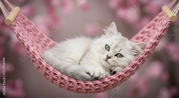 Fototapeta Cute white kitten resting in pink hammock