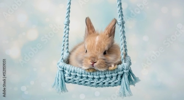 Fototapeta Cute baby bunny rabbit in a blue macrame swing