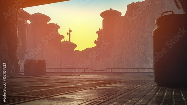 Fototapeta Moody atmospheric science fiction future fantasy industrial environment  background with sunset lighting. 3D illustration.