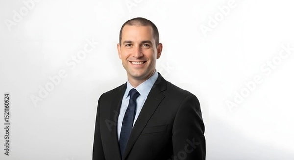 Obraz A sharp corporate headshot of a confident man in a suit, embodying professional composure with a warm smile and direct gaze. Perfect for business and corporate use.