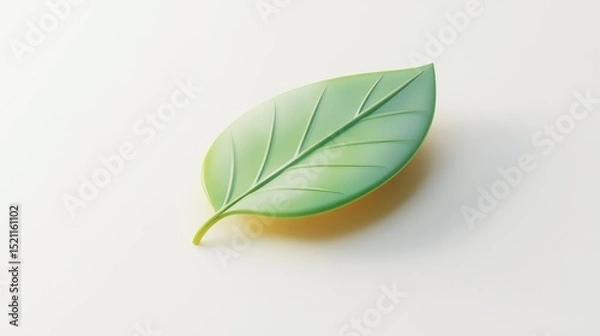Fototapeta Single, stylized, green leaf with subtle yellow undertones rests on a bright white background; digitally rendered
