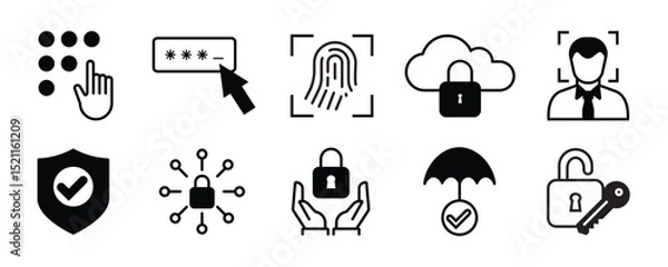 Obraz Personal Access - thin line vector icon set. Pixel perfect. Editable stroke. The set contains icons: Security System, Digital Authentication, Data Protection, Padlock, Facial Recognition, Fingerprint.