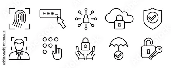 Obraz Personal Access - thin line vector icon set. Pixel perfect. Editable stroke. The set contains icons: Security System, Digital Authentication, Data Protection, Padlock, Facial Recognition, Fingerprint.