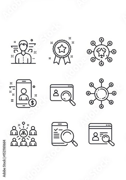 Fototapeta Line art icons representing networking, achievement and searching on white background